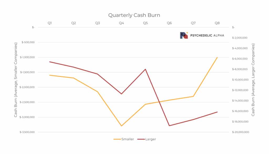 Small and Large Psychedelic Companies Cash Burn Trends
