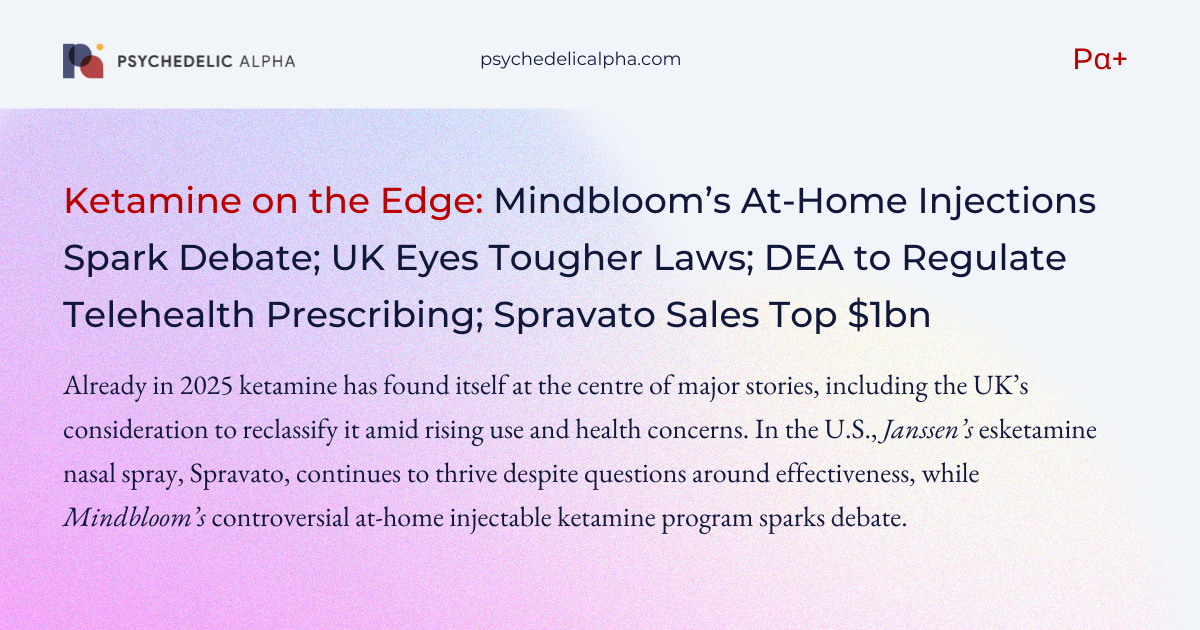 You are currently viewing Ketamine on the Edge: Mindbloom’s At-Home Injections Spark Debate; UK Eyes Tougher Laws; DEA to Regulate Telehealth Prescribing; Spravato Sales Top $1bn